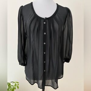 T. BABATON 100% Silk Sheer 3/4 Sleeve Relaxed Fit Button Front Scoop Neck Blouse
